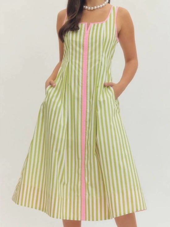 Maeve Dresses & Skirts - Anthropologie Maeve Green & Pink Striped Midi Dress